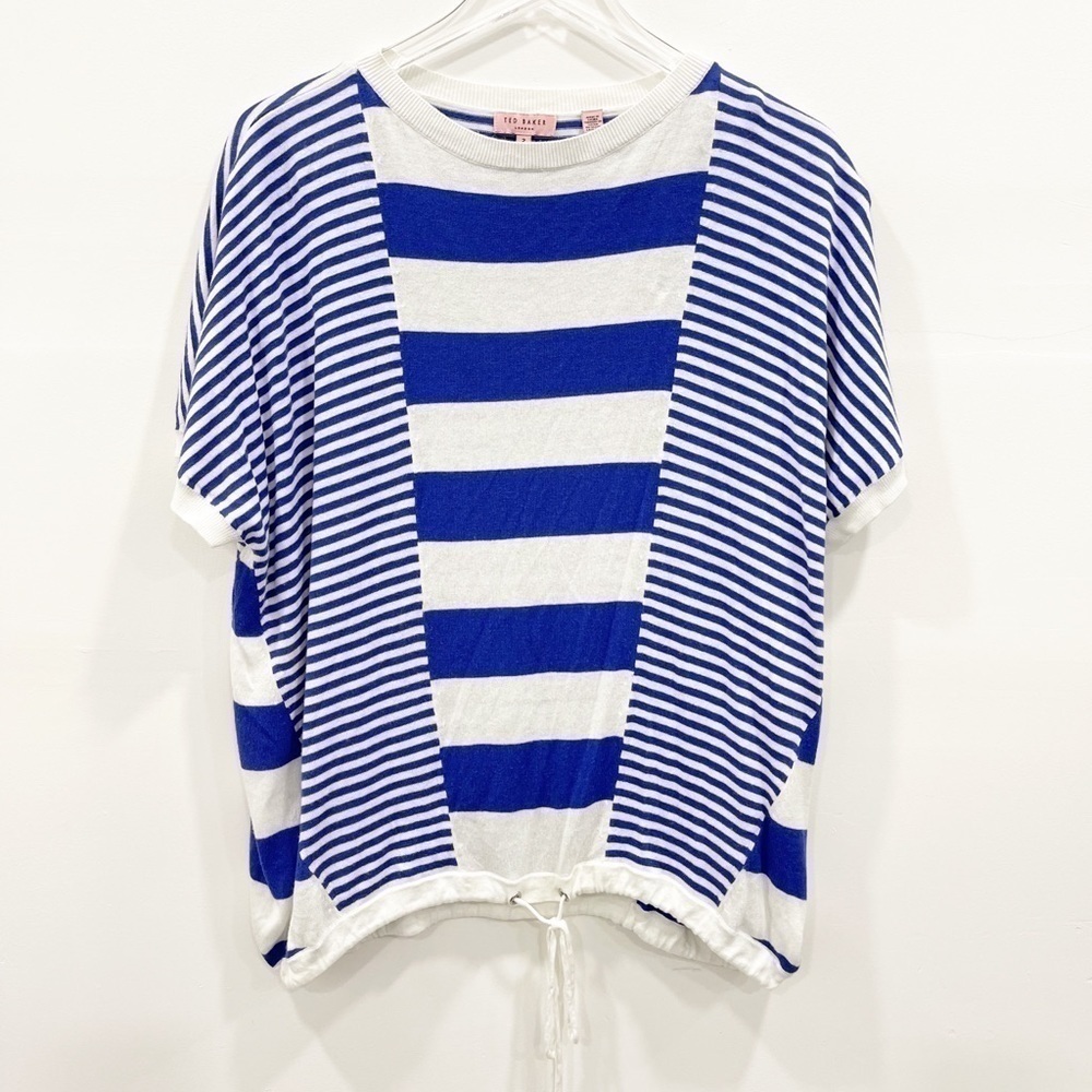 Ted Baker Short Sleeve Stripe Knit Top Drawstring Blue Stripe Size 2 Sample